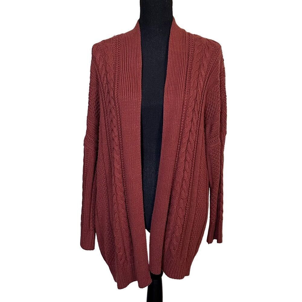 debut Burgundy Cable Knit Open Sweater Cardigan Size Medium/Large